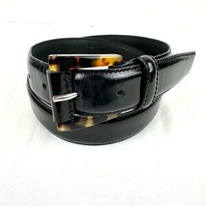 Ann Taylor Black Italian Leather Belt with Tortoiseshell Buckle